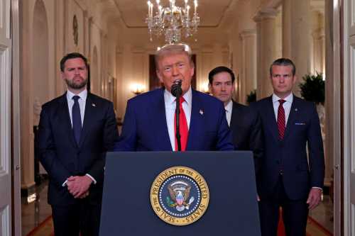 US President Donald Trump addresses the nation, alongside US Vice President JD Vance (L), US Secretary of State Marco Rubio (2nd R) and US Secretary of Defense Pete Hegseth (R), from the White House in Washington, DC on June 21, 2025, following the announcement that the US bombed nuclear sites in Iran.