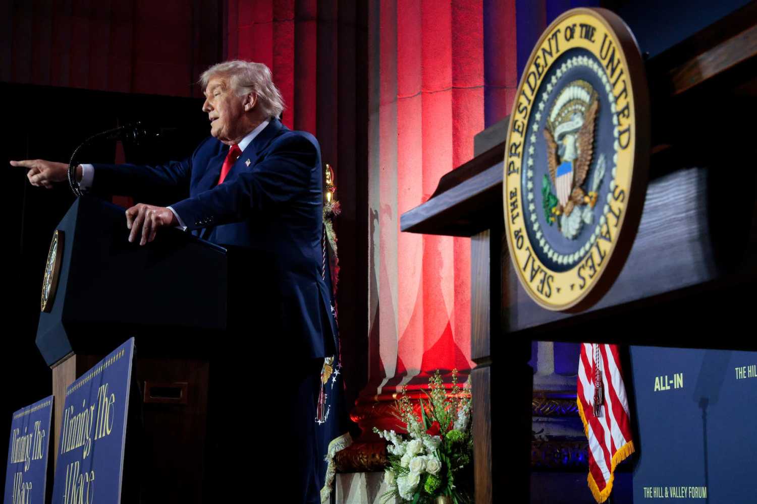 WASHINGTON, DC - JULY 23: U.S. President Donald Trump gestures as he speaks during the "Winning the AI Race" summit hosted by All‑In Podcast and Hill & Valley Forum at the Andrew W. Mellon Auditorium on July 23, 2025, in Washington, D.C. Trump signed executive orders related to his Artificial Intelligence Action Plan during the event.