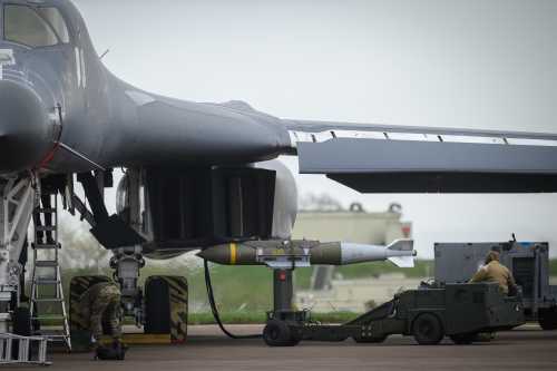 JDAM precision-guided munitions are loaded into a Rockwell B1 Lancer heavy bomber at RAF Fairford on March 16, 2026 in Fairford, England.