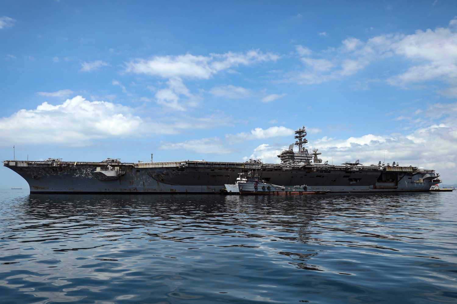 The US Navy aircraft carrier USS Nimitz sails on Panama Bay, in Panama City on March 30, 2026.