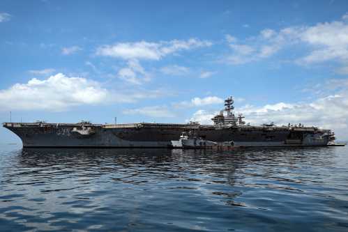 The US Navy aircraft carrier USS Nimitz sails on Panama Bay, in Panama City on March 30, 2026.