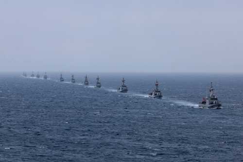 Turkey's Kilic class TCG Kilic (P-330) (R) and fast attack warships participate in the live-fire phase of the "Blue Homeland-2026" (Mavi Vatan) tactical military exercises in the eastern Mediterranean Sea, in Antalya on April 9, 2026.