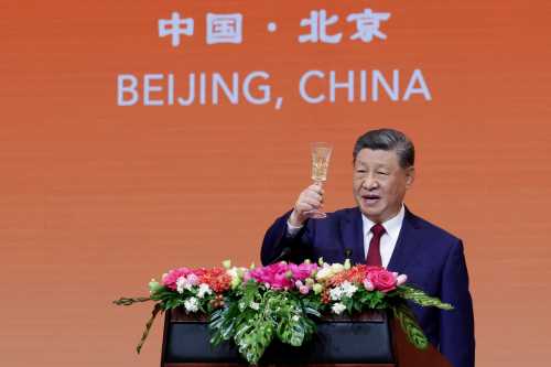 Chinese President Xi Jinping makes a toast as he hosts a state banquet for U.S. President Donald Trump at the Great Hall of the People on May 14, 2026 in Beijing, China.