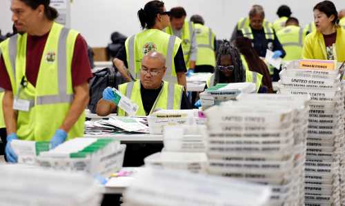 Election workers process ballots at the Los Angeles County Ballot Processing Center in the state's primary election on June 2, 2026 in City of Industry, California.