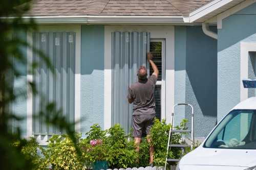 Homeowner installing steel sheets as storm shutters for hurricane protection of house windows.
