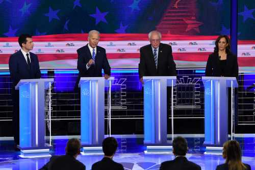 Democratic presidential hopefuls (fromL) Mayor of South Bend, Indiana Pete Buttigieg, Former US Vice President Joseph R. Biden Jr., US Senator for Vermont Bernie Sanders and US Senator for California Kamala Harris speak during the second Democratic primary debate of the 2020 presidential campaign season hosted by NBC News at the Adrienne Arsht Center for the Performing Arts in Miami, Florida, June 27, 2019.