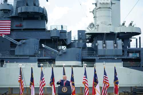 US President Donald Trump speaks at the Battleship North Carolina in Wilmington, North Carolina, on September 2, 2020, the 75th anniversary of the end of WWII.