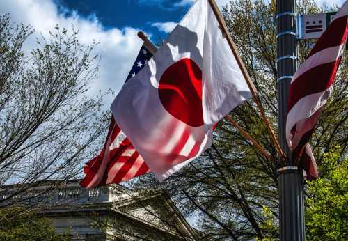 The flags of the United States, Japan and the District of Columbia