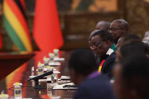 President of Zimbabwe Emmerson Mnangagwa speaks at the beginning of a bilateral meeting with Chinese President Xi Jinping (not pictured) meet in The Great Hall of People on September 04, 2025 in Beijing, China.