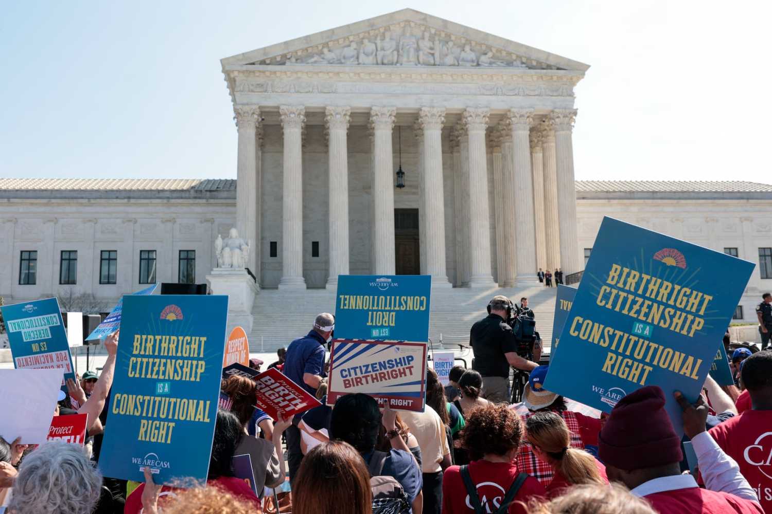 Demonstrators rally in support of birthright citizenship outside the U.S. Supreme Court as President Donald Trump attends oral arguments in Washington, D.C., on April 1, 2026.