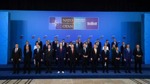 (From 6thL) Turkey's President Recep Tayyip Erdogan, Germany's Chancellor Friedrich Merz, NATO Secretary General Mark Rutte, US President Donald Trump, Britain's Prime Minister Keir Starmer, Iceland's Prime Minister Kristrun Frostadottir and NATO leaders pose for a family photo during the NATO Summit at Bestepe Presidential Compound in Ankara, Turkey, July 8, 2026.