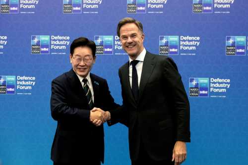NATO Secretary General Mark Rutte (R) greets President of South Korea, Lee Jae Myung, during the NATO Summit at the NATO Congressium on July 7, 2026, in Ankara, Turkey.