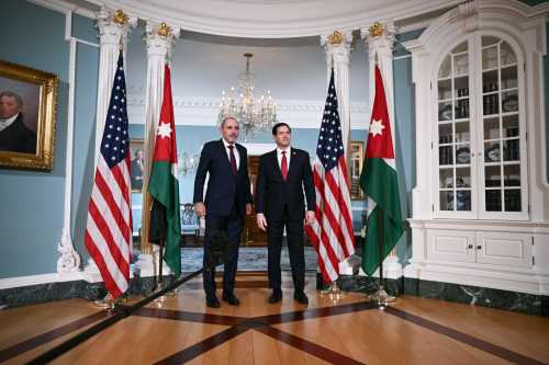 US Secretary Marco Rubio (R) stands with Jordanian Deputy Prime Minister and Foreign Minister Ayman Safadi as they appear briefly before the media as they meet at the State Department in Washington, DC, on July 14, 2026.