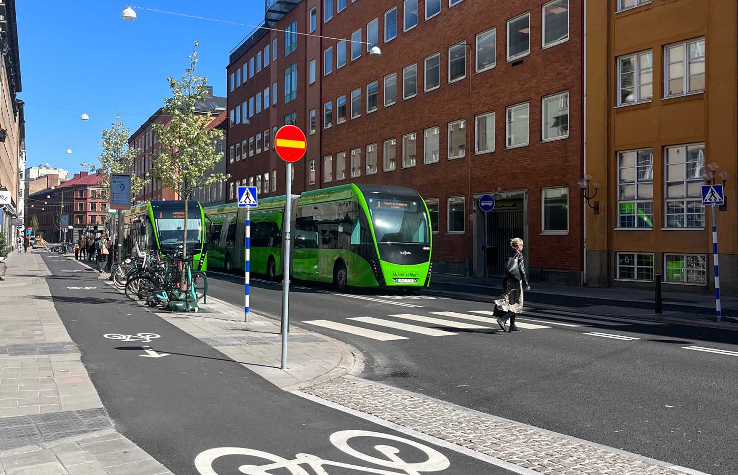 A MalmöExpressen bus and bike lane in Malmö, Sweden.
