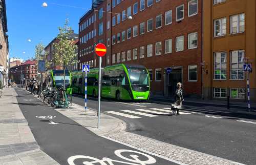 A MalmöExpressen bus and bike lane in Malmö, Sweden.