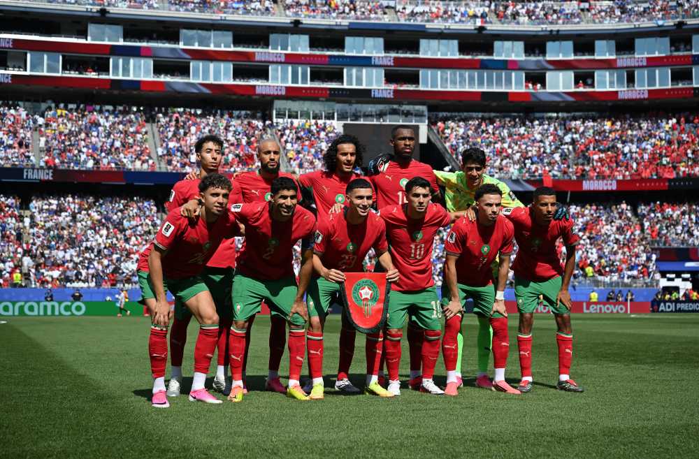 Morocco players pose for a team photograph before the FIFA World Cup 2026 quarterfinal match between France and Morocco at Boston Stadium on July 9, 2026 in Foxborough, Massachusetts