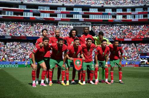 Morocco players pose for a team photograph before the FIFA World Cup 2026 quarterfinal match between France and Morocco at Boston Stadium on July 9, 2026 in Foxborough, Massachusetts