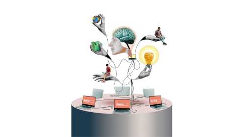 Collage illustrating context-maxxing: a person works on a laptop atop a large brain connected by cables to a row of computers.