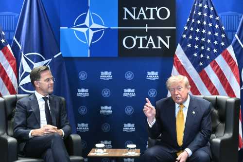 NATO Secretary General Mark Rutte (L) and US President Donald Trump meet on the sidelines of the NATO summit in Ankara, on July 8, 2026.