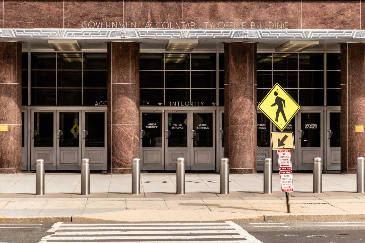The entrance to the Government Accountability Office Building stands in Washington, District of Columbia, as seen on March 30, 2019.