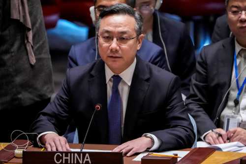 Deputy Permanent Representative of the People's Republic of China to the United Nations Sun Lei addresses a United Nations Security Council meeting on the situation in Iran, at the United Nations headquarters, in New York City, U.S., July 10, 2026.