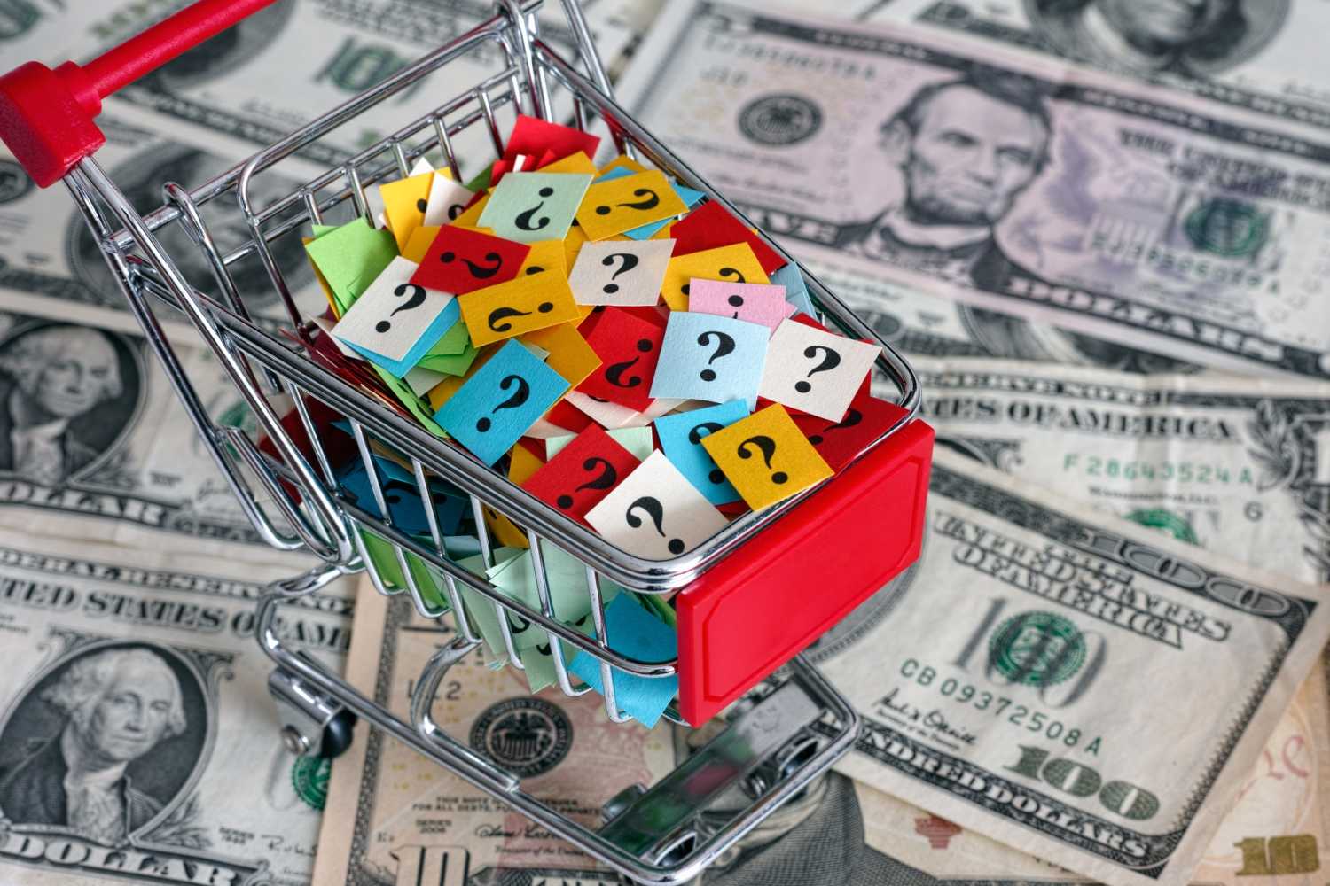 Shopping cart with question marks on dollars banknotes