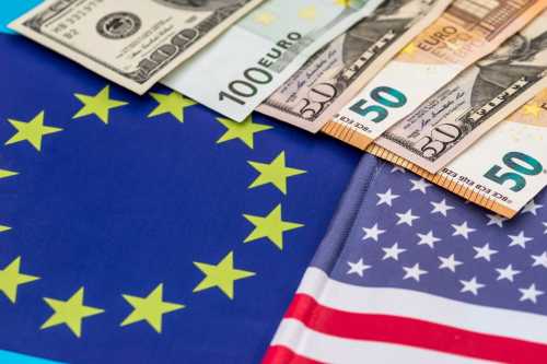 50 and 100 dollars/euros on top of EU and US flags