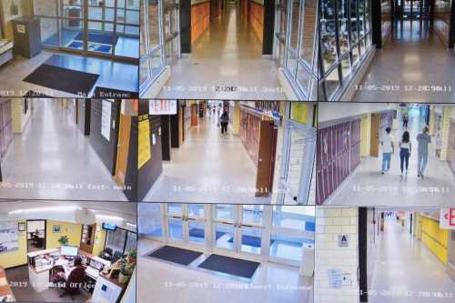 Video cameras monitor the halls of Sidney High School in the attendance office of the school in Sidney, Ohio, October 31, 2019.