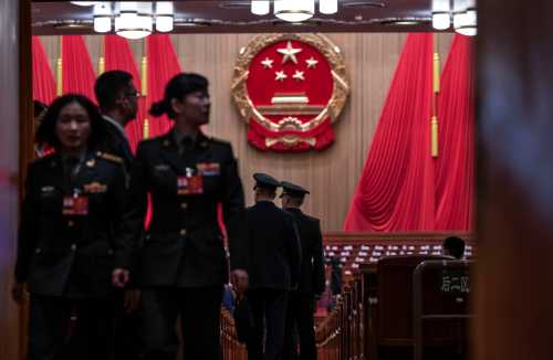 Members of the Chinese Military delegation arrive at the closing session of the National People's Congress at the Great Hall of the People on March 12, 2026 in Beijing, China.