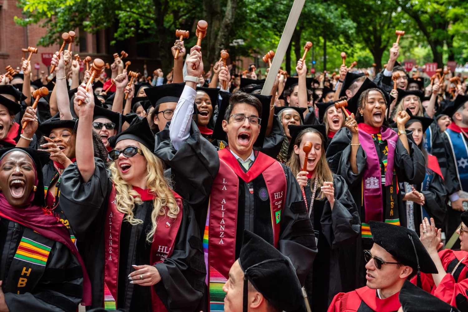 Student graduates cheer as degrees are conferred onto them in Harvard Yard during the 175th Commencement ceremony at Harvard University in Cambridge, Massachusetts, on May 28, 2026.