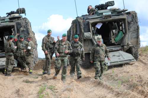 Brigadier General Christoph Huber, commander of Germany’s 45th Armored Brigade “Lithuania,” during the “Freedom Shield 26” media day on June 20, 2026, near Pabradė, Lithuania.