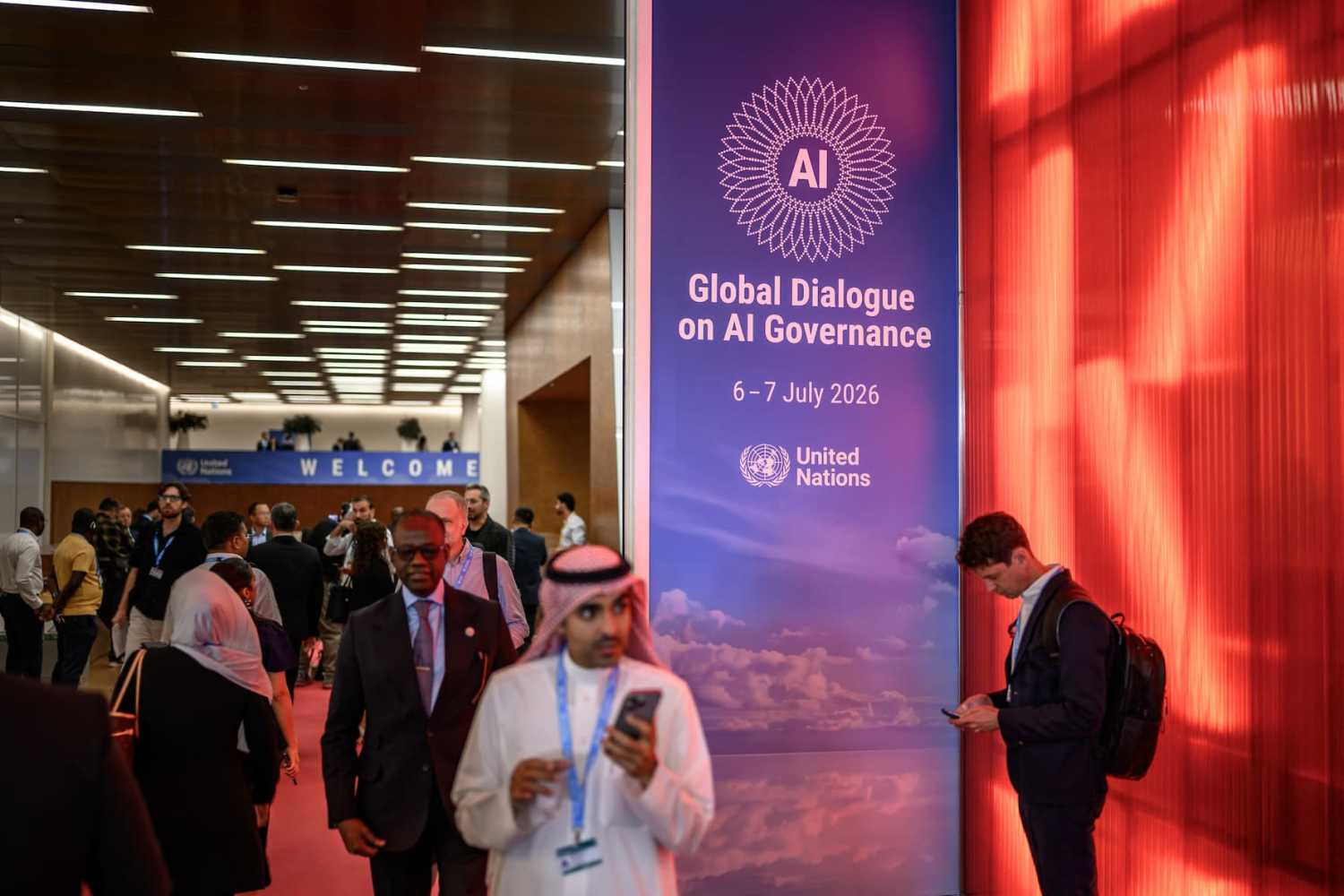Participants take part in the opening day of the first Global Dialogue on AI Governance, in Geneva on July 6, 2026. UN Secretary-General called for a global governance system to shape artificial intelligence for the good of humanity, warning against allowing the technology itself to "vibe-code" our future.