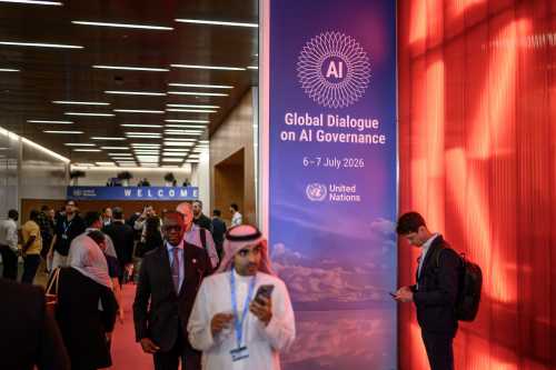 Participants take part in the opening day of the first Global Dialogue on AI Governance, in Geneva on July 6, 2026. UN Secretary-General called for a global governance system to shape artificial intelligence for the good of humanity, warning against allowing the technology itself to "vibe-code" our future.