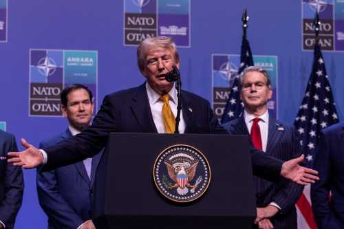 U.S. President Donald Trump holds a press conference at Beştepe Presidential Compound during the NATO Summit on July 8, 2026 in Ankara, Turkey.