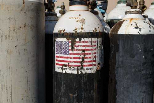 An oxygen cannister shows a worn sticker of the American flag with the words 'GIFT FROM THE AMERICAN PEOPLE' on June 25, 2026 in Lilongwe, Malawi.