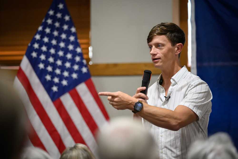 CARROLL, IOWA - AUGUST 20: Gubernatorial candidate Rob Sand speaks to voters during a campaign visit to the Carroll County Conservation Classroom on August 20, 2026 in Carroll, Iowa. Sand is aiming to become the first Democratic Governor of Iowa since 2006 in the upcoming November elections.
