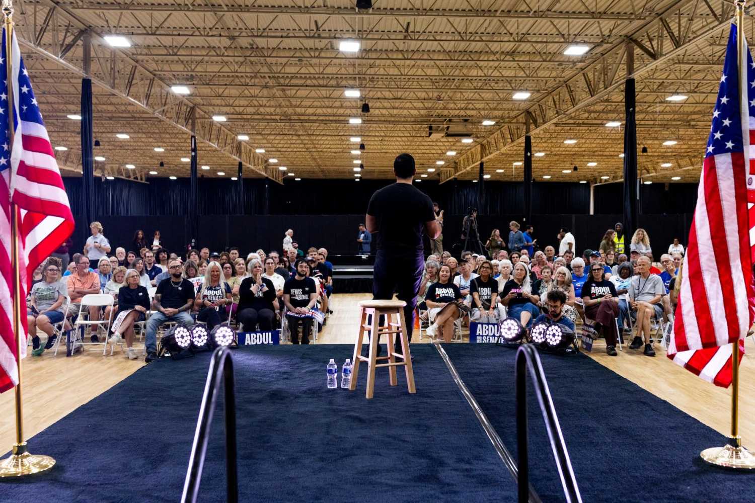 WATERFORD, MICHIGAN - SEPTEMBER 3: Democratic candidate for U.S. Senate Abdul El-Sayed answers questions from attendees during a town hall event, part of a series of events across Michigan focused on hearing from voters, on Sept. 3, 2026 at the Oakland Expo Center in Waterford, Michigan. El-Sayed is scheduled to hold additional town halls throughout September and early October in Lansing, Grand Rapids, Detroit, Flint and Macomb.