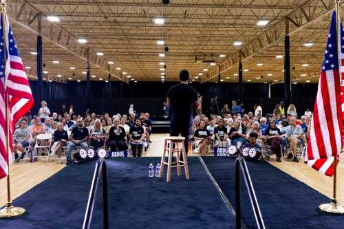WATERFORD, MICHIGAN - SEPTEMBER 3: Democratic candidate for U.S. Senate Abdul El-Sayed answers questions from attendees during a town hall event, part of a series of events across Michigan focused on hearing from voters, on Sept. 3, 2026 at the Oakland Expo Center in Waterford, Michigan. El-Sayed is scheduled to hold additional town halls throughout September and early October in Lansing, Grand Rapids, Detroit, Flint and Macomb.
