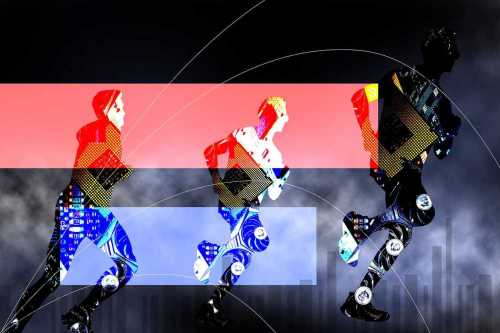 Three human silhouettes are depicted mid-stride, each comprising of a collage of hardware used to develop AI including circuit boards and CPU chips. In the background there is a black and grey gradient with smoke. Beneath the runners from the left, there are two rectangle panels which run across the image, one is red and the other is blue.