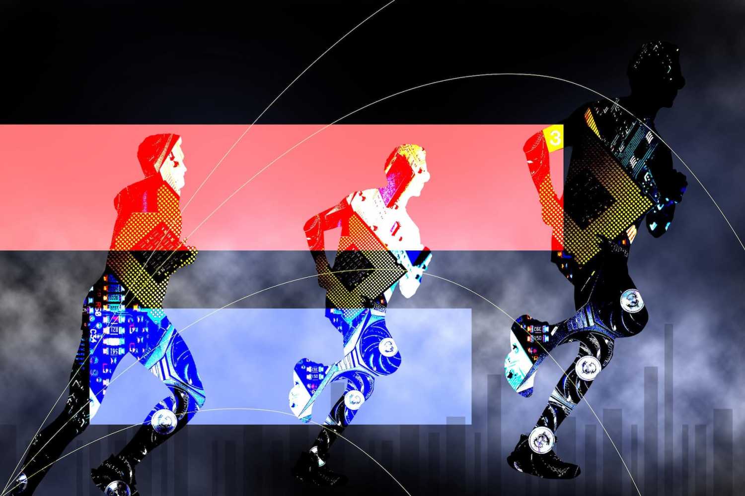 Three human silhouettes are depicted mid-stride, each comprising of a collage of hardware used to develop AI including circuit boards and CPU chips. In the background there is a black and grey gradient with smoke. Beneath the runners from the left, there are two rectangle panels which run across the image, one is red and the other is blue.
