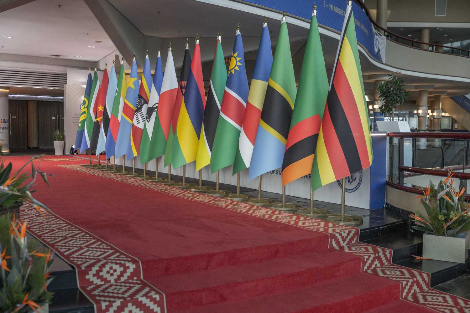 Flags of the Southern African Development Community (SADC) member states at the Durban International Convention Centre ahead of the 46th SADC Summit in Durban