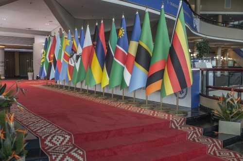 Flags of the Southern African Development Community (SADC) member states at the Durban International Convention Centre ahead of the 46th SADC Summit in Durban