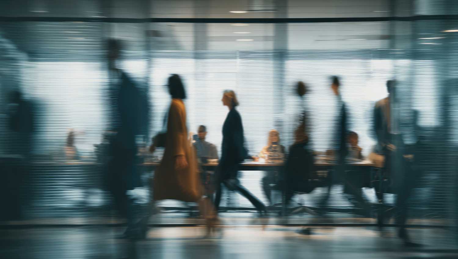 Blurred motion view of office employees walking