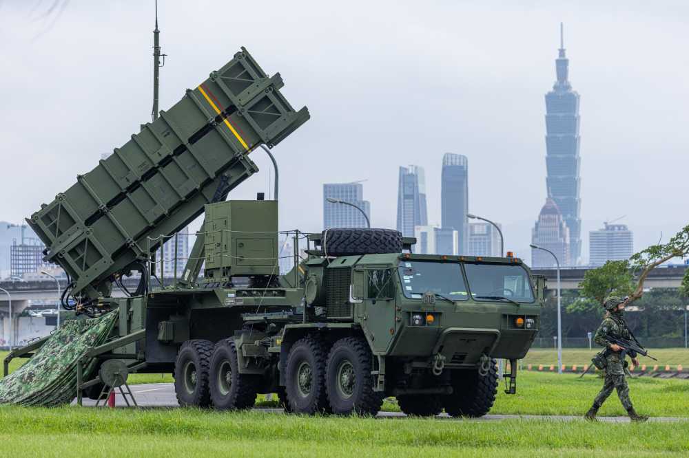 Taiwan's Patriot air defense system is deployed at a park during the Han Kuang drill on July 14, 2025 in Taipei