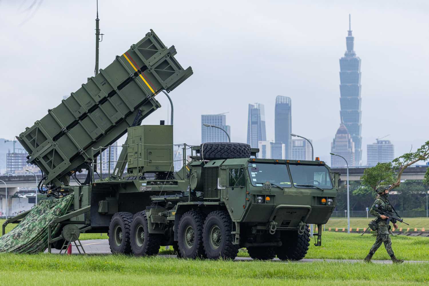 Taiwan's Patriot air defense system is deployed at a park during the Han Kuang drill on July 14, 2025 in Taipei