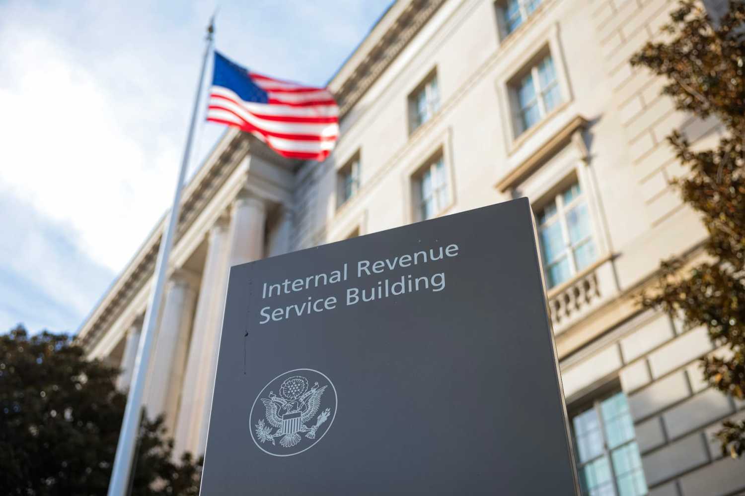 WASHINGTON, DC - FEBRUARY 13: A sign for the Internal Revenue Service (IRS) is seen outside its building on Feb. 13, 2025, in Washington, D.C.