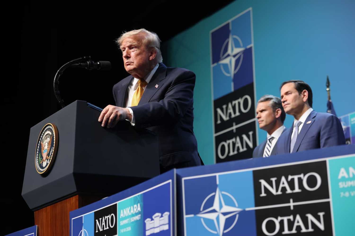 ANKARA, TURKEY - JULY 08: U.S. President Donald Trump speaks as U.S. Defense Secretary Pete Hegseth and U.S. Secretary of State Marco Rubio look on at a press conference during the 2026 NATO Leaders Summit at the Beştepe Presidential Compound on July 08, 2026 in Ankara, Turkey. Leaders from NATO's 32 countries, plus NATO allies like Ukraine, gathered in the Turkish capital to discuss a range of issues involving spending targets, defense industrial production, and support for Ukraine, among other topics.