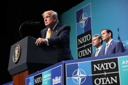 ANKARA, TURKEY - JULY 08: U.S. President Donald Trump speaks as U.S. Defense Secretary Pete Hegseth and U.S. Secretary of State Marco Rubio look on at a press conference during the 2026 NATO Leaders Summit at the Beştepe Presidential Compound on July 08, 2026 in Ankara, Turkey. Leaders from NATO's 32 countries, plus NATO allies like Ukraine, gathered in the Turkish capital to discuss a range of issues involving spending targets, defense industrial production, and support for Ukraine, among other topics.