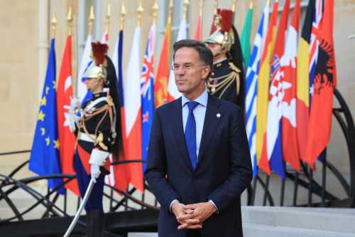 NATO Secretary General Mark Rutte arrives for a dinner of the Coalition of the Willing to support Ukraine at The Elysee Presidential Palace in Paris on July 13, 2026.