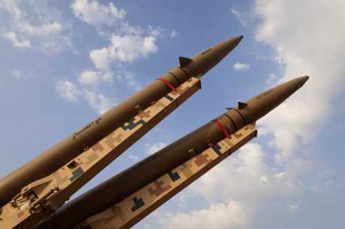 Iranian-made Zolfaghar missiles are displayed at Azadi Square in Tehran on August 2, 2026.